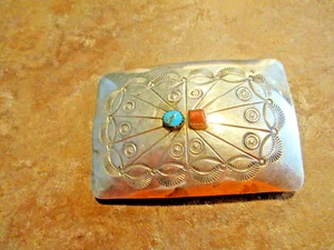 SPLENDID !! Vintage Navajo Sterling Silver Turquoise / Coral CONCHO Belt Buckle - Picture 1 of 8