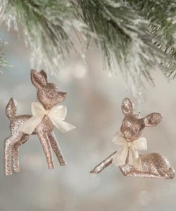 Glittered Baby Deer Fawn Ornament Pastel Pink Rose Gold Set of 2 - Picture 1 of 1