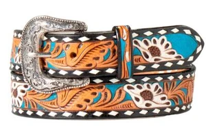 Nocona Western Womens Belt Leather Floral Painted Laced Blue Black N320000888 - Picture 1 of 1