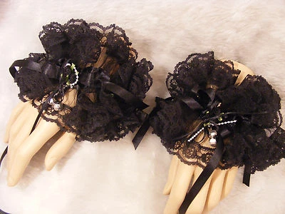 VICTORIAN GOTH BLACK LACE WRIST CUFFS sissy steampunk kawii LOLITA FANCYDRESS  - Image 1 of 4