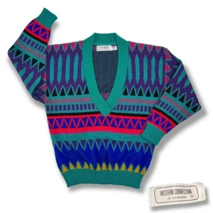 Suéter Vintage Años 90 Verde azulado Cuello en V Azteca Geométrico Rayas Conexión Occidental - Imagen 1 de 4