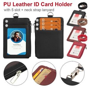 Synthetic Leather ID Badge Card Holder Vertical Clip Neck Strap Lanyard Case