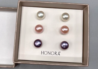 Boxed 3 Pr HONORA Stainless Steel Cultured Pearl Studs 9mm White, Pink, Lavender - Image 1 of 2