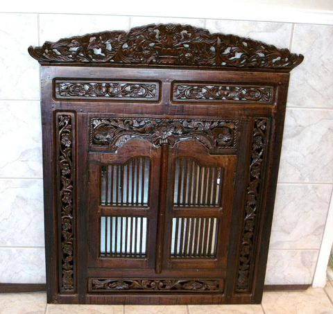 44 3/4" H  VINTAGE INDONESIAN CARVED HARD HEAVY WOOD WINDOW SHUTTER WALL MIRROR Cover