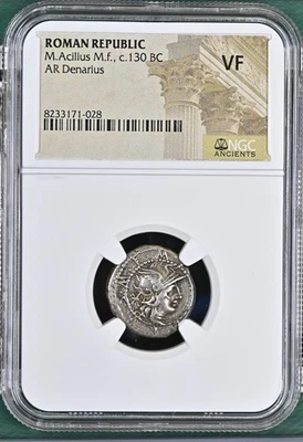 Roman Republic M. Acilius M.f. (ca. 130 BC). AR Denarius NGC VF - Image 1 of 4