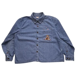 Vintage Christopher Banks Denim Shirt XL Teddy Bear Embroidered Cottagecore - Picture 1 of 6