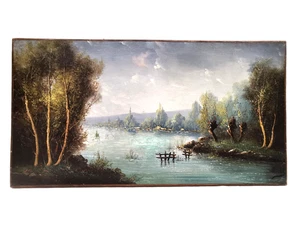 altes Gemälde / Öl auf Leinwand signiert MICHEL. Seenlandschaft - Bild 1 von 4