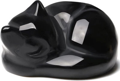 Black Obsidian Cat Halloween Decor Crystals and Healing Stones Figurine Sleeping - Image 1 of 4