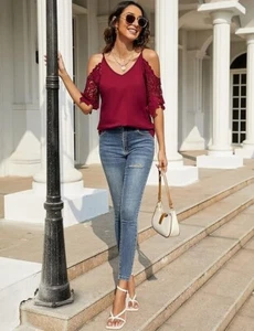 Summer Cold Shoulder Tops Sexy Lace T Shirts V Neck Plus Size Off Shoulder - Picture 1 of 15