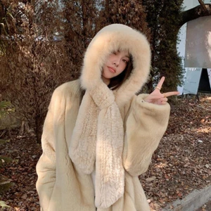 One Set Real Rabbit Fur +Real Fox Fur Scarf Hat Warm Knitted Scarves Shawl Cap - Picture 1 of 13