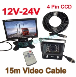 12V/24V 4Pin Car Backup Camera 15m+7" LCD Monitor Rear View Kit For RV Bus Truck - Picture 1 of 12