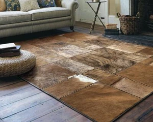 Handmade Cowhide Patchwork Rug - Premium Leather Area Rug - Vintage Home Decor - Picture 1 of 5
