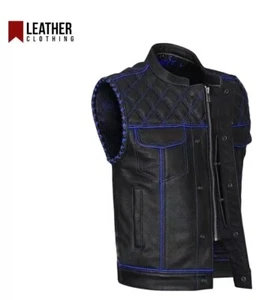 Chaleco de moto de cuero negro con patrón de diamante para hombre con moto azul oculto - Imagen 1 de 6