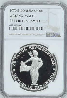 INDONESIA 500 Rupiah 1970 Silver NGC PF64 Wayang Dancer - Image 1 of 4