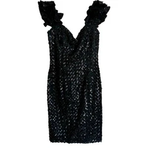 Vintage 80s New Leaf Black Sequin Fluttered Puffy Sleeve Gown Dress Lined - Picture 1 of 13