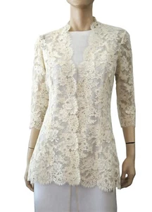 MONIQUE LHUILLIER Gr. 12 Elfenbein Blumen Guipure Spitze Jacke - Bild 1 von 3