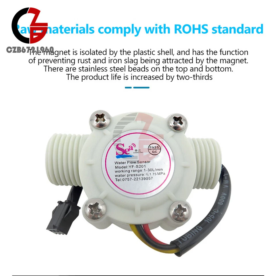 Sensor de fluxo de água 1/2" interruptor efeito controle Hall medidor 1-30L/min para Arduino - Imagem 1 de 1