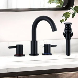 Bathroom Faucet 3 Hole Black Bathroom Sink Faucet with Pop Up Drain 8 inch Wides - Picture 1 of 5