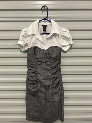 Vintage 90s/00s Y2K black & white plaid ruched mini dress with a collar shirt-5 - Image 1 of 4