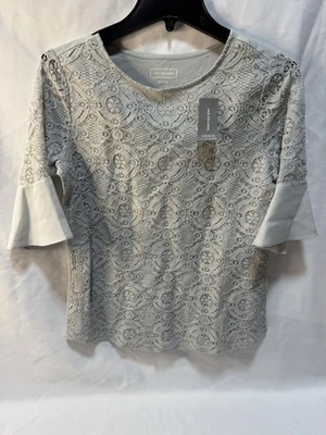 Blusa Van Heusen feminina tamanho XS renda floral bronzeada manga sino cinza claro - Imagem 1 de 4