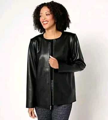 Susan Graver Women's Faux Leather Jacket With Laser Detail Black Sz L NWT - Image 1 of 4