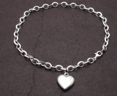 Puffed Heart Tag Charm Oval Link Ankle Bracelet Anklet Real 925 Sterling Silver - Image 1 of 4