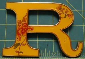 Vintage Glass and Metal Letter "R" With Orange Floral Overlay, 3-3/8" x 4-3/4"  - Picture 1 of 7