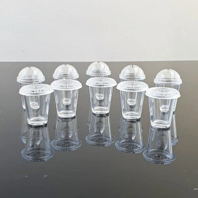 Tazas de café transparentes en miniatura con tapas mixtas - Juego de 10 bebidas para casa de muñecas 1:12 Foto 1 de 4