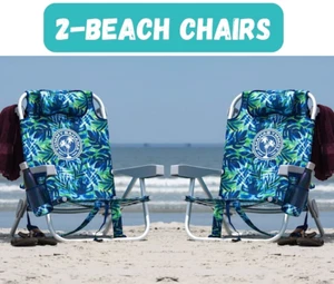 2-PACK Tommy Bahama Backpack Folding Reclining Beach Chair- Blue Leaves - Picture 1 of 6