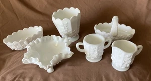 Lot Of 6 Westmoreland Milk Glass Paneled Grape Vase Basket Bowl Sugar & Creamer - Picture 1 of 8