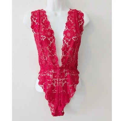 VICTORIAS SECRET Plunge Deep V Sheer Lace Teddy Bodysuit Cross Back Scarlet Red - Image 1 of 4