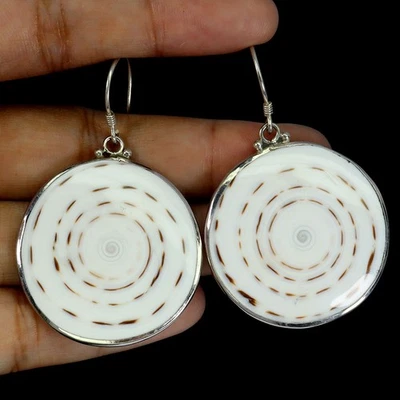 925 Sterling Silver Earrings Round Shiva Eye Shell 31mm Natural Gemstone Jewelry - Image 1 of 4