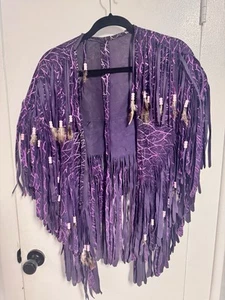 Leather OS Fringe Shawl Shrug Cape Poncho Festival Purple Lightning Belt 90’s - Picture 1 of 6