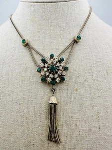 Vintage Gold Tone Green Clear Rhinestone Tassel Necklace 15” - Picture 1 of 7