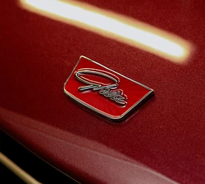 GHIA 450 SS FRONT NOSE EMBLEM /BADGE 70MM HARD SHOW CHROME & RED ENAMEL - Picture 1 of 3