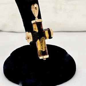 VINTAGE 14K MASSIV GOLD MONTIERT KÄFER BEFALLEN BERNSTEIN KREUZ ANHÄNGER, 1 7/8" - Bild 1 von 10