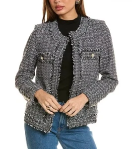 Nanette Lepore Women's Open Front Tweed Classic Blazer Size 16 Black White - Picture 1 of 14