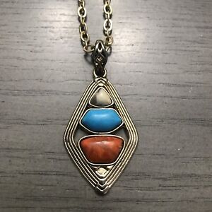 Barse Brass Turquoise And Coral Pendant And Chain Necklace 
