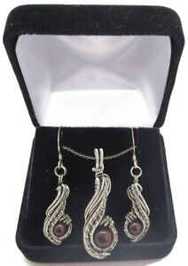 Garnet Necklace & Earrings Set, Wire-Wrapped in Sterling Silver, "Comet"