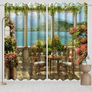 Floral Mountain Landscape 3D 2 Panels Window Curtains Blockout Drapes Fabric - Picture 1 of 11