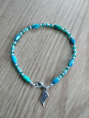 Ankle Bracelet - Handmade - 9" - Aqua Shell & Crystal Beads - Image 1 of 2