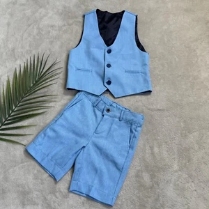 Elegant Boys’ Suit for 6-Year-Old – Light Blue Vest and Shorts Set, Handmade - Picture 1 of 20