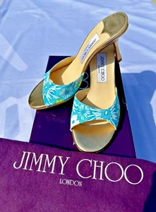 New Jimmy Choo Print Fabric Sandals Dark Gold Size 36 Made In Italy Free Ship - Picture 1 of 6