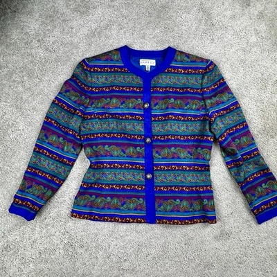 Chaqueta de Seda Adrianna Papell Vintage Azul Geo Estampado Floral Elegante Diseñador Talla 6 Foto 1 de 4