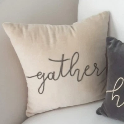 Primitives by Kathy GATHER Embroidered Creme Velvet 12x12 Square Throw Pillow - Image 1 of 4