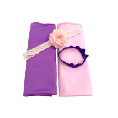 Set Fotografia Neonato - 4 Pezzi Wrap rosa, Wrap melanzana, Fascia e Coroncina - Immagine 1 di 4