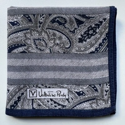 VINTAGE HANDKERCHIEF MEN'S POCKET SQUARE BLUE PAISLEY STRIPED COTTON 18" B0223 - Image 1 of 2