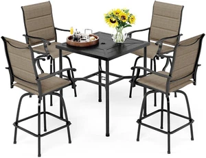 5 Piece Patio Bar Set Outdoor Swivel Bar Stool Height Bar Table w/ Umbrella Hole - Picture 1 of 23