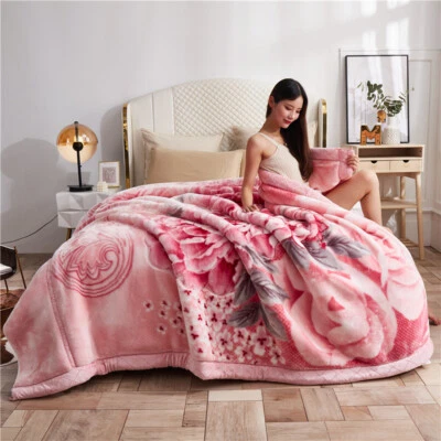 Raschel Blanket Thickening Winter Bed Cover 2 Ply Floral Pattern Warmful Sheet - Image 1 of 4