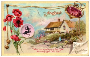 Postal Tucks Horóscopo Astrología Signo Fantasía Agosto Amapolas Piedra Natal 1910 - Imagen 1 de 3